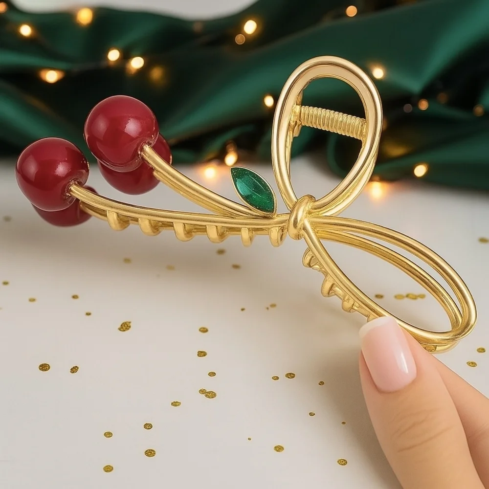 Cherry Hair Claw Clip Non-Slip Bow-Knot 🍒 Metal Hair Clip for Women & Girls